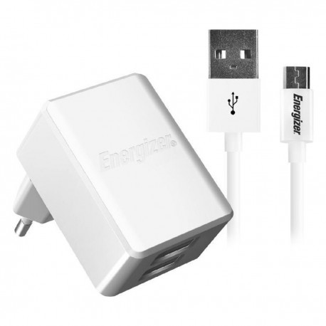 Φορτιστής Ταξιδίου Energizer με 2 θύρες USB-A 5V 2.4A με Αποσπώμενο Καλώδιο Micro USB 1μ  Λευκό